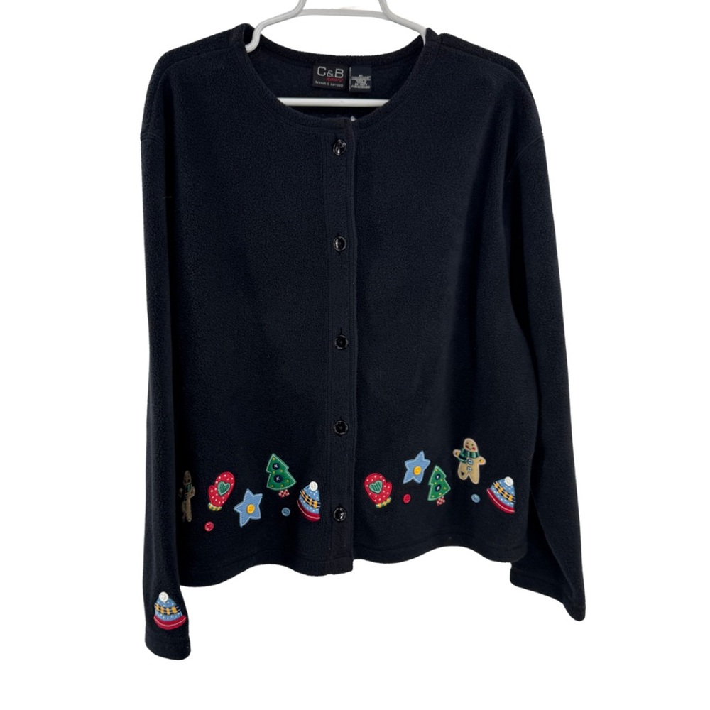 Croft & Barrow Black Fleece button front cardigan XL winter holiday felted patch